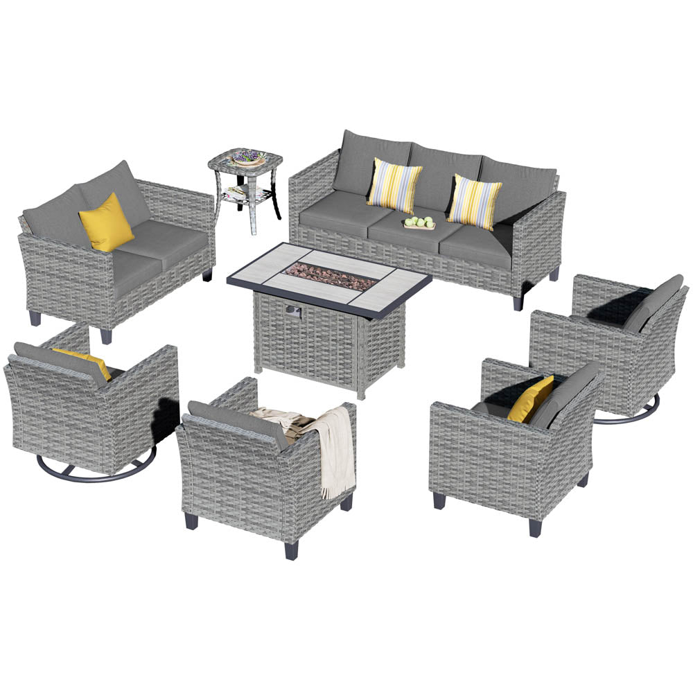 Ovios Patio Vultros 8-Piece Set With Swivel Chair and Rectangle 42'' Propane Fire Pit Table