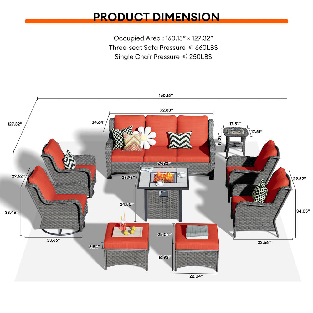 Ovios Outdoor Furniture 9-Piece with 30'' Fire Pit Table and Kenard 2 Rocking Chairs