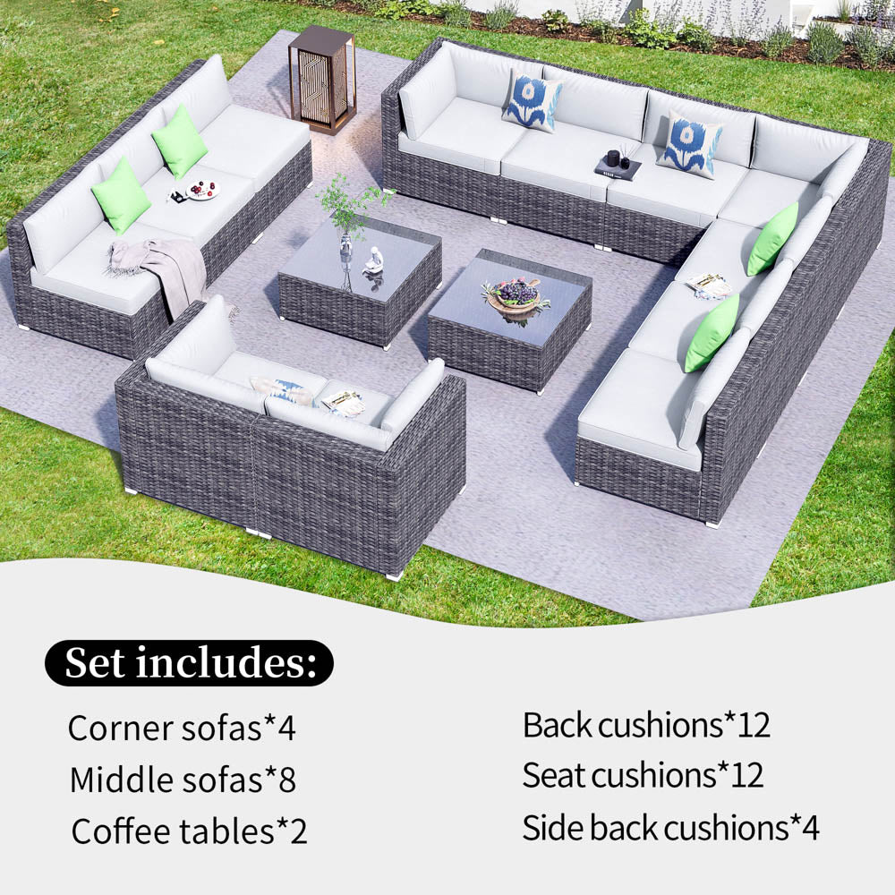 OVIOS Patio Furniture Set 14-Piece with All Weather Rattan Wicker Sofa and Tempered Glass Table