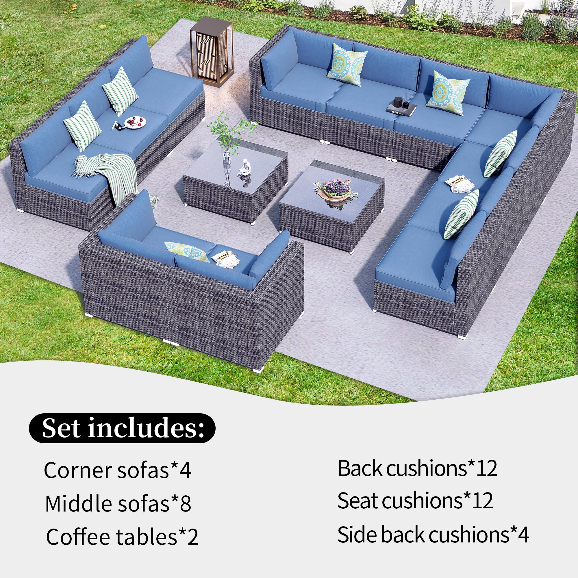 OVIOS Patio Furniture Set 14-Piece with All Weather Rattan Wicker Sofa and Tempered Glass Table