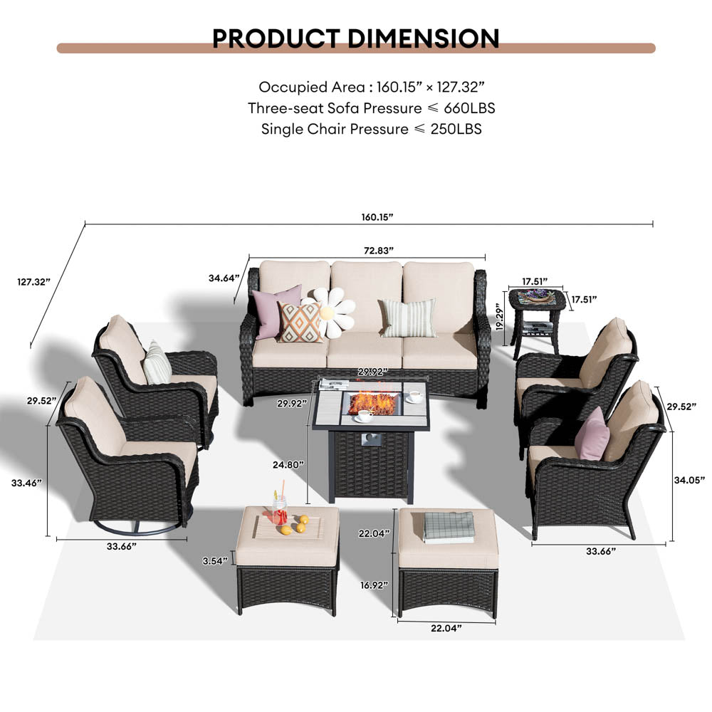 Ovios Outdoor Furniture 9-Piece with 30'' Fire Pit Table and Kenard 2 Rocking Chairs
