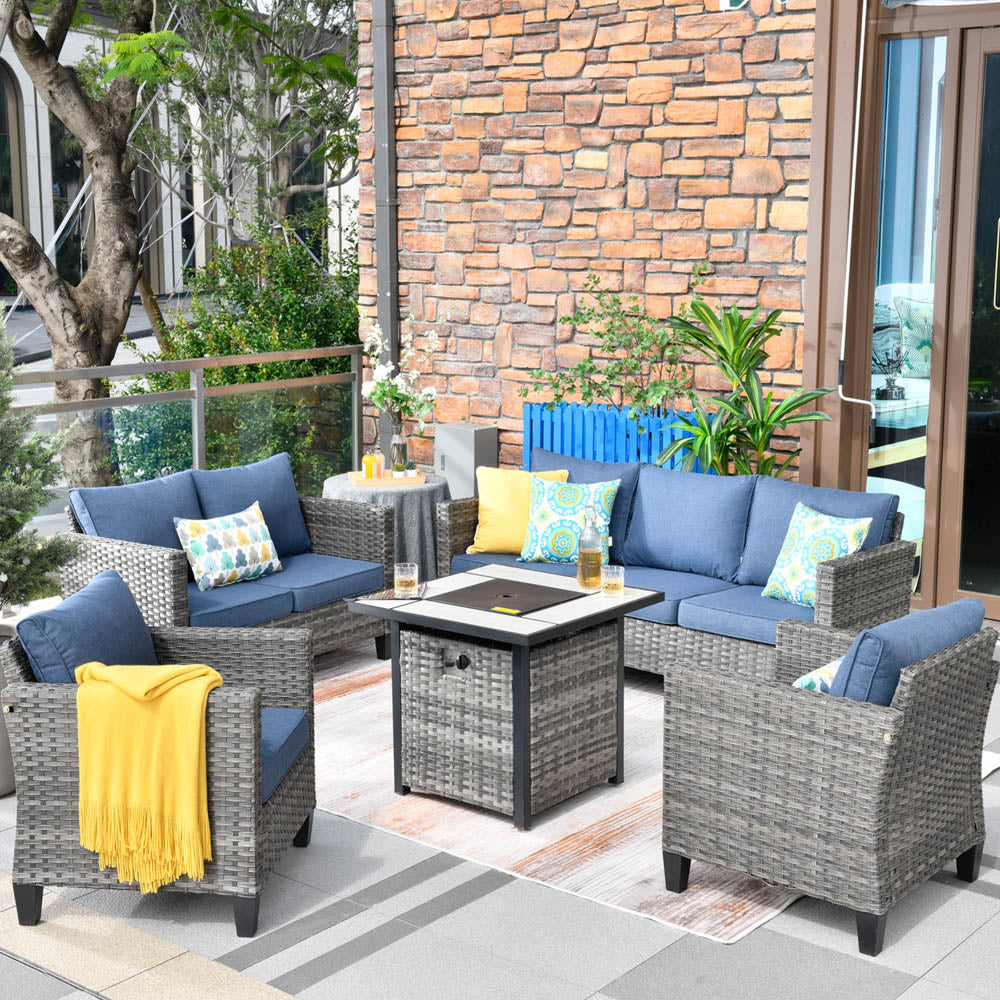 OVIOS Patio Vultros Furniture Set 7-Person Seating with 30'' Propane Fire Pit Table