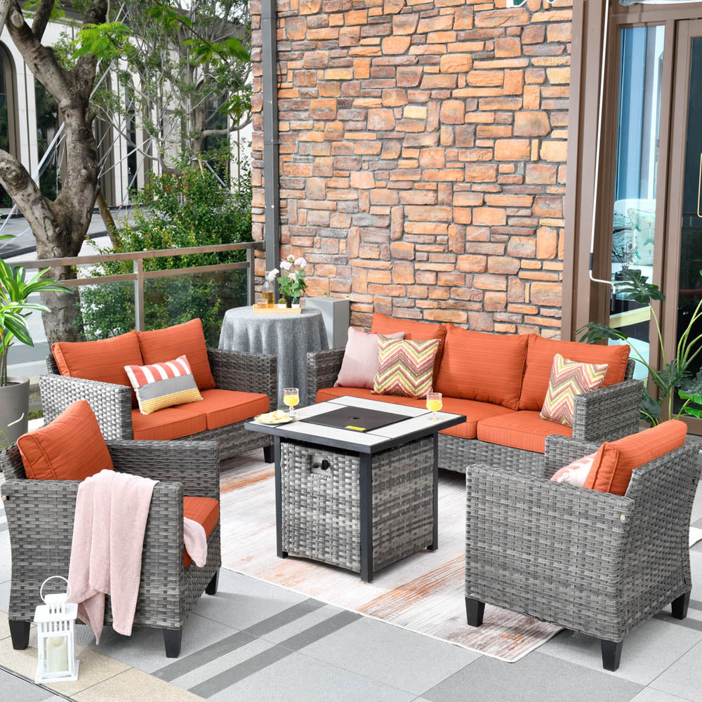 OVIOS Patio Vultros Furniture Set 7-Person Seating with 30'' Propane Fire Pit Table