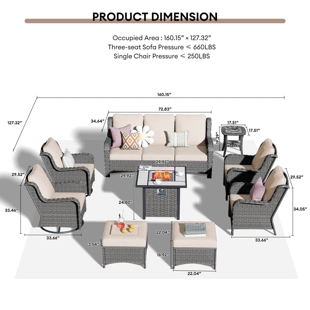 Ovios Outdoor Furniture 9-Piece with 30'' Fire Pit Table and Kenard 2 Rocking Chairs