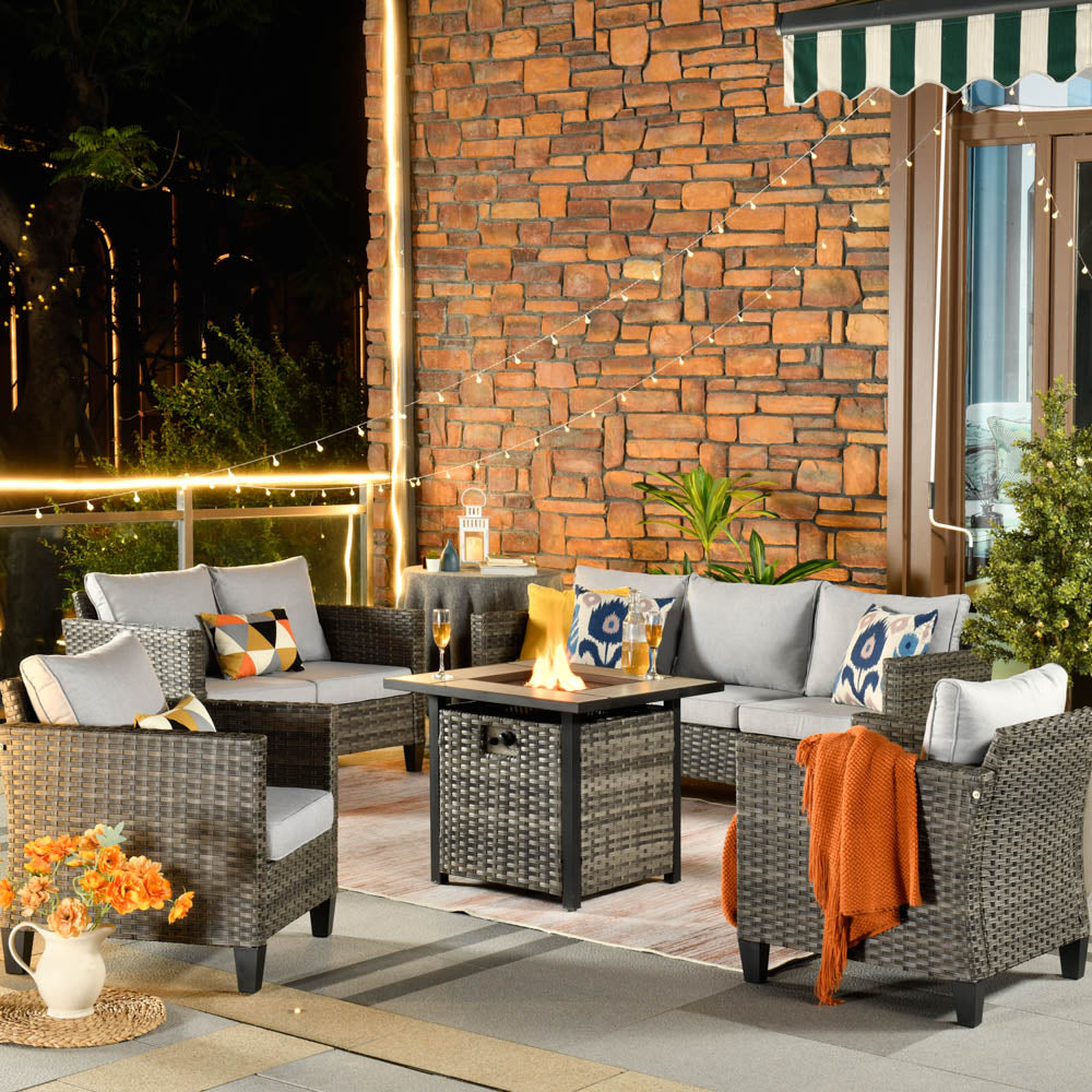 OVIOS Patio Vultros Furniture Set 7-Person Seating with 30'' Propane Fire Pit Table