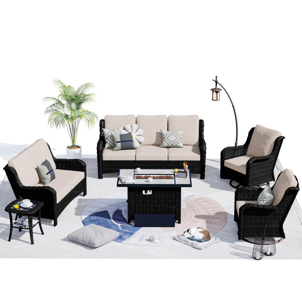 Ovios Patio Kenard 6-Piece Conversation Set with 42'' Rectangle Propane Fire Pit Table and Rocking Chairs