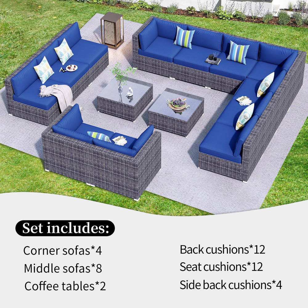 OVIOS Patio Furniture Set 14-Piece with All Weather Rattan Wicker Sofa and Tempered Glass Table