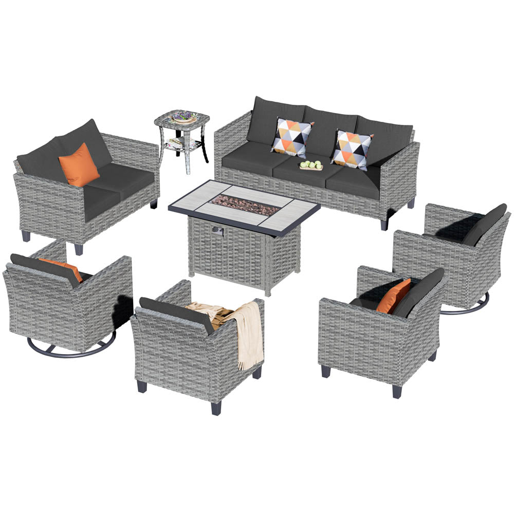 Ovios Patio Vultros 8-Piece Set With Swivel Chair and Rectangle 42'' Propane Fire Pit Table