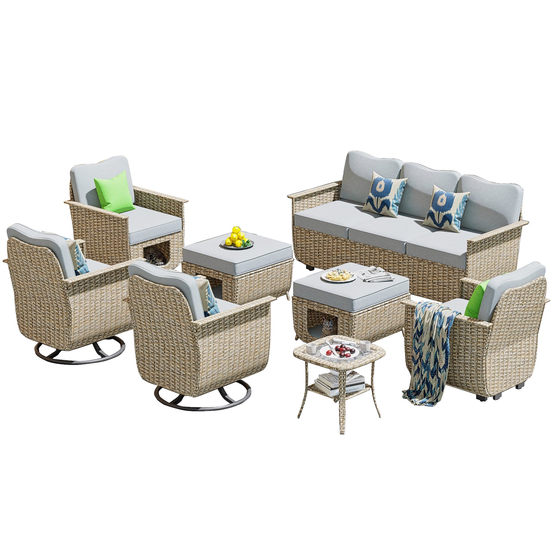 Ovios Outdoor Furniture Beige Wicker Set 8 Pieces with 2 Swivel Chair Side Table and Multifunctional Storage