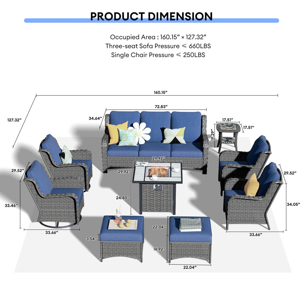 Ovios Outdoor Furniture 9-Piece with 30'' Fire Pit Table and Kenard 2 Rocking Chairs