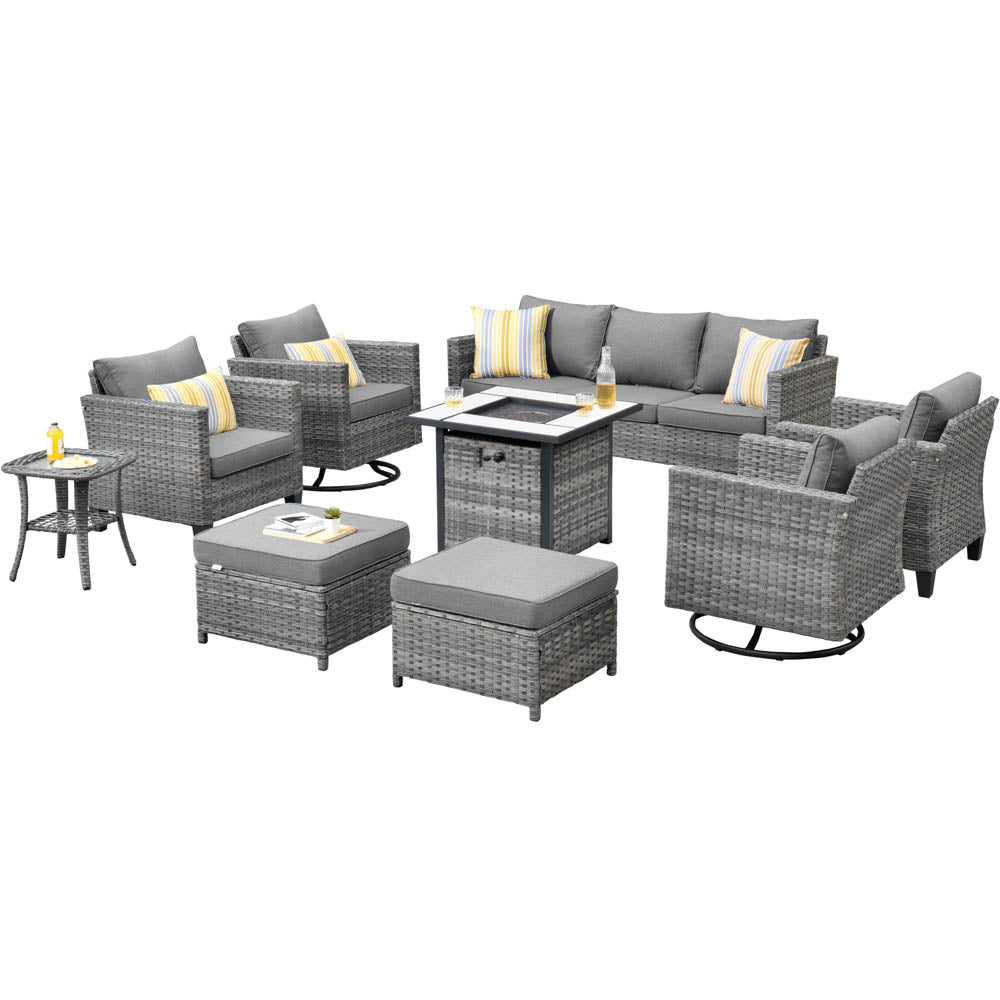 Ovios Patio Vultros 9-Piece Set with 2 Swivel Chairs and 30'' Propane Fire Pit Table