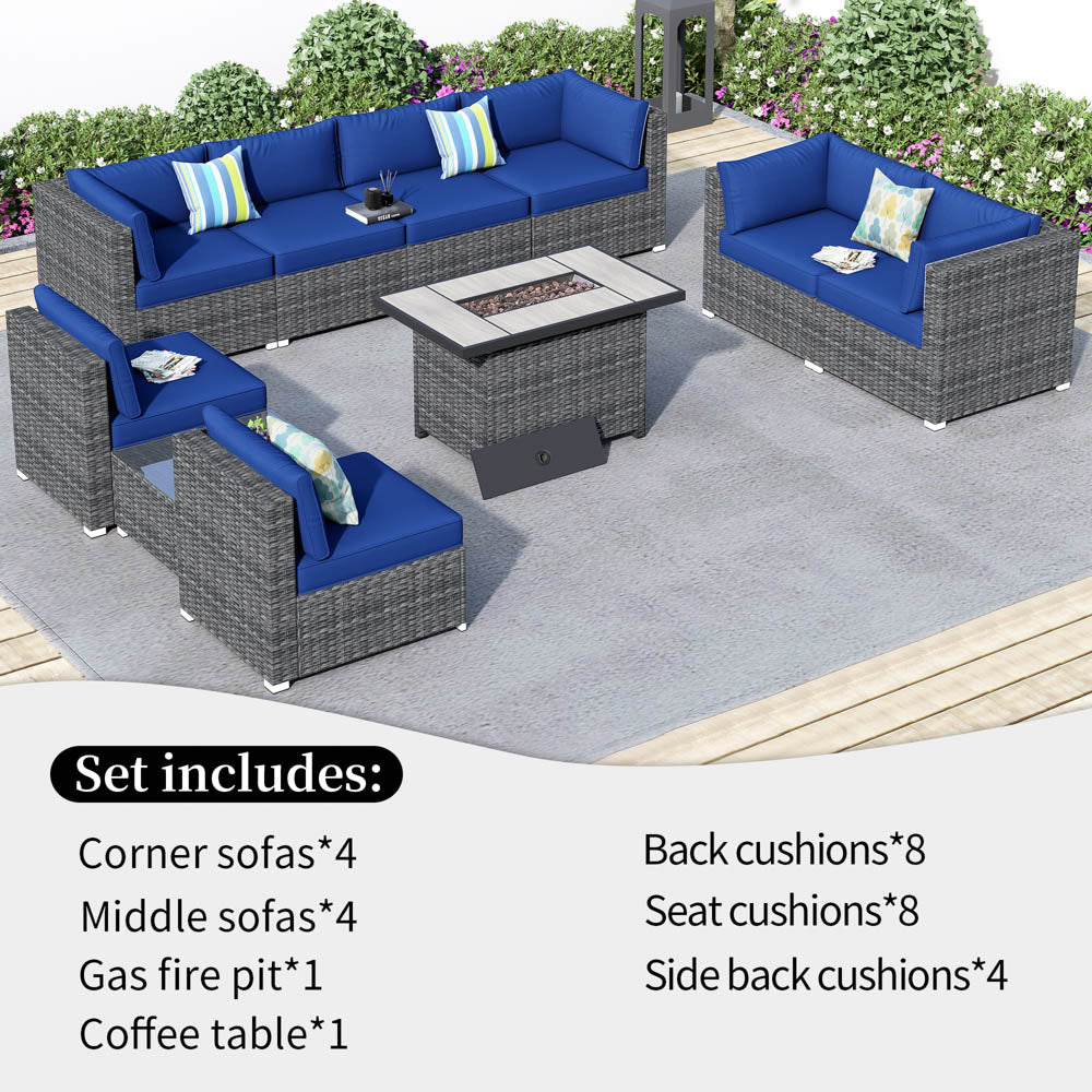 OVIOS Patio Furniture Set 10-Piece with All Weather Rattan Wicker Sofa and 42.12'' Fire Pit