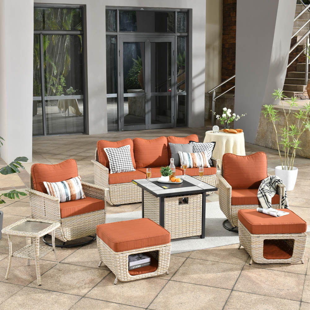 Ovios Patio Pet Conversation Set Beige Wicker 7 Pieces with 30'' Fire Pit and Swivel Rocking Chairs