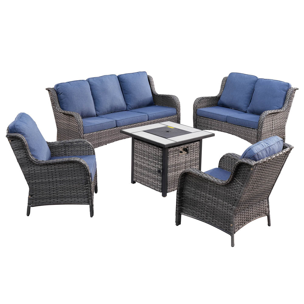Ovios Patio Kenard 5-Piece Conversation Set with 30'' Fire Pit Table and Loveseat