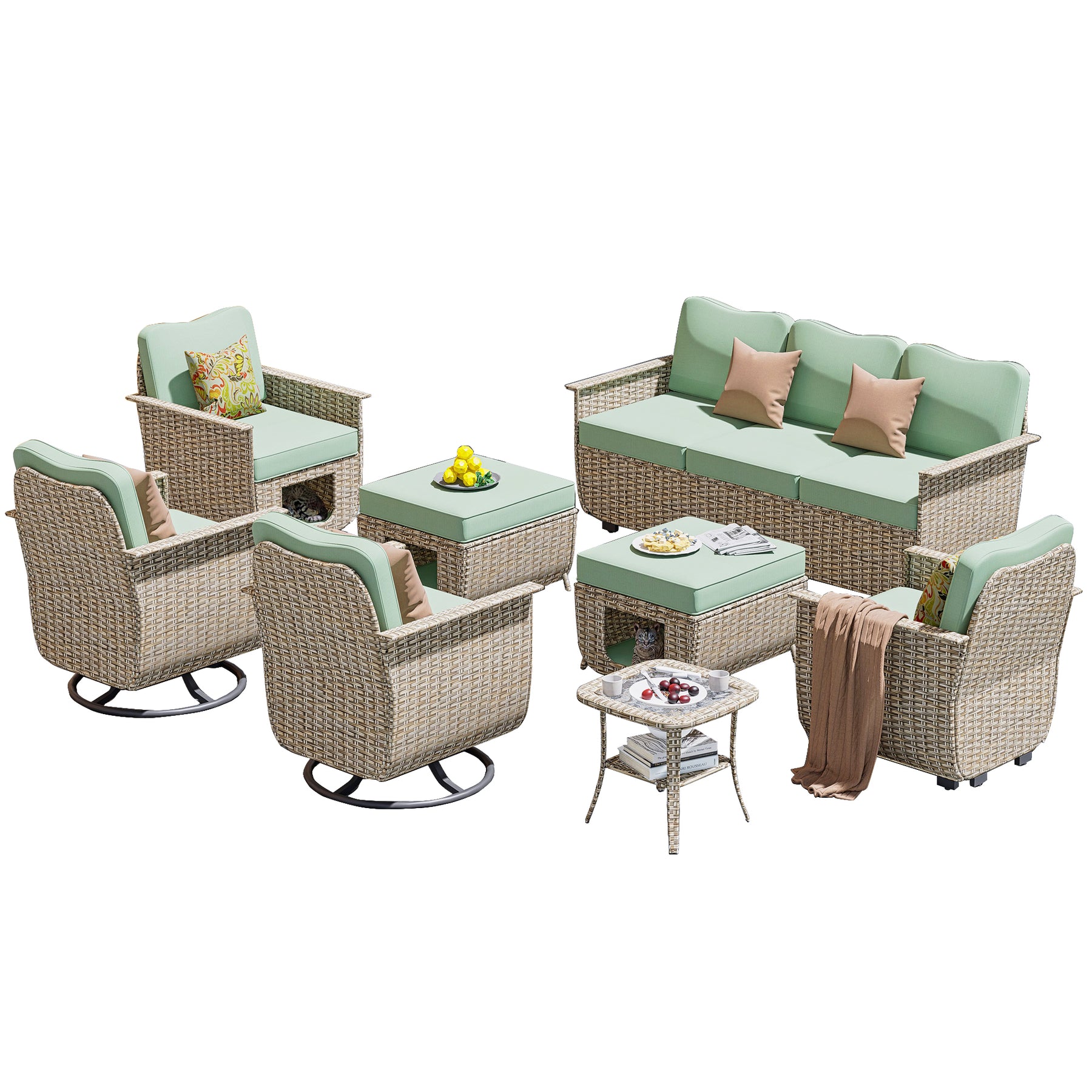 Ovios Outdoor Furniture Beige Wicker Set 8 Pieces with 2 Swivel Chair Side Table and Multifunctional Storage