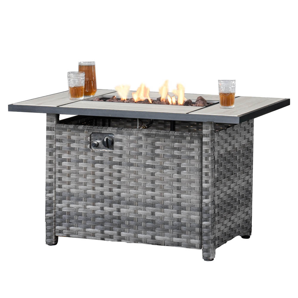 Ovios 42'' Rectangle Propane Fire Pit Table Grey Wicker for Broad Armrests Series