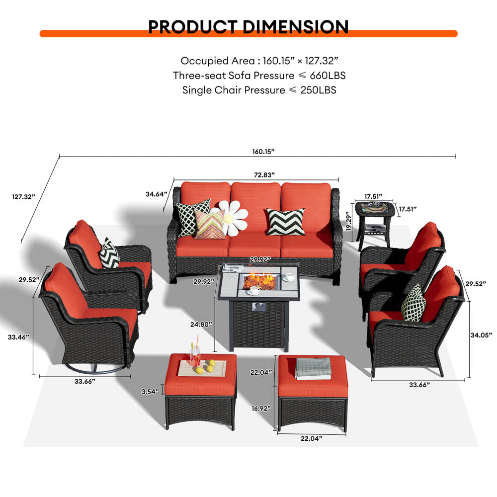 Ovios Outdoor Furniture 9-Piece with 30'' Fire Pit Table and Kenard 2 Rocking Chairs