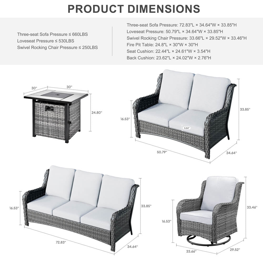 Ovios Patio Kenard 6-Piece Conversation Set with 30'' Propane Fire Pit Table and Rocking Chairs