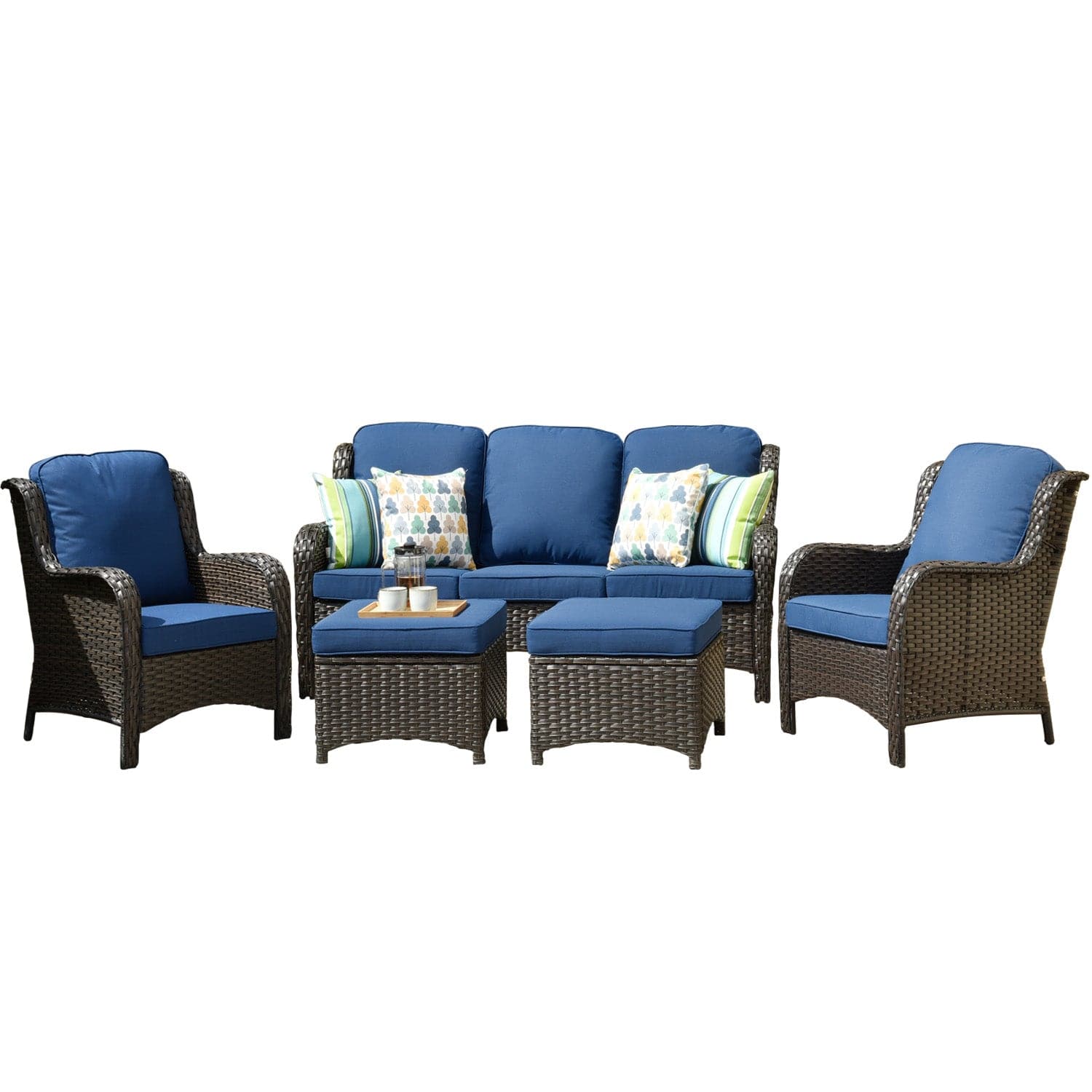 Ovios Kenard 5-piece outdoor wicker patio set with navy blue cushions.