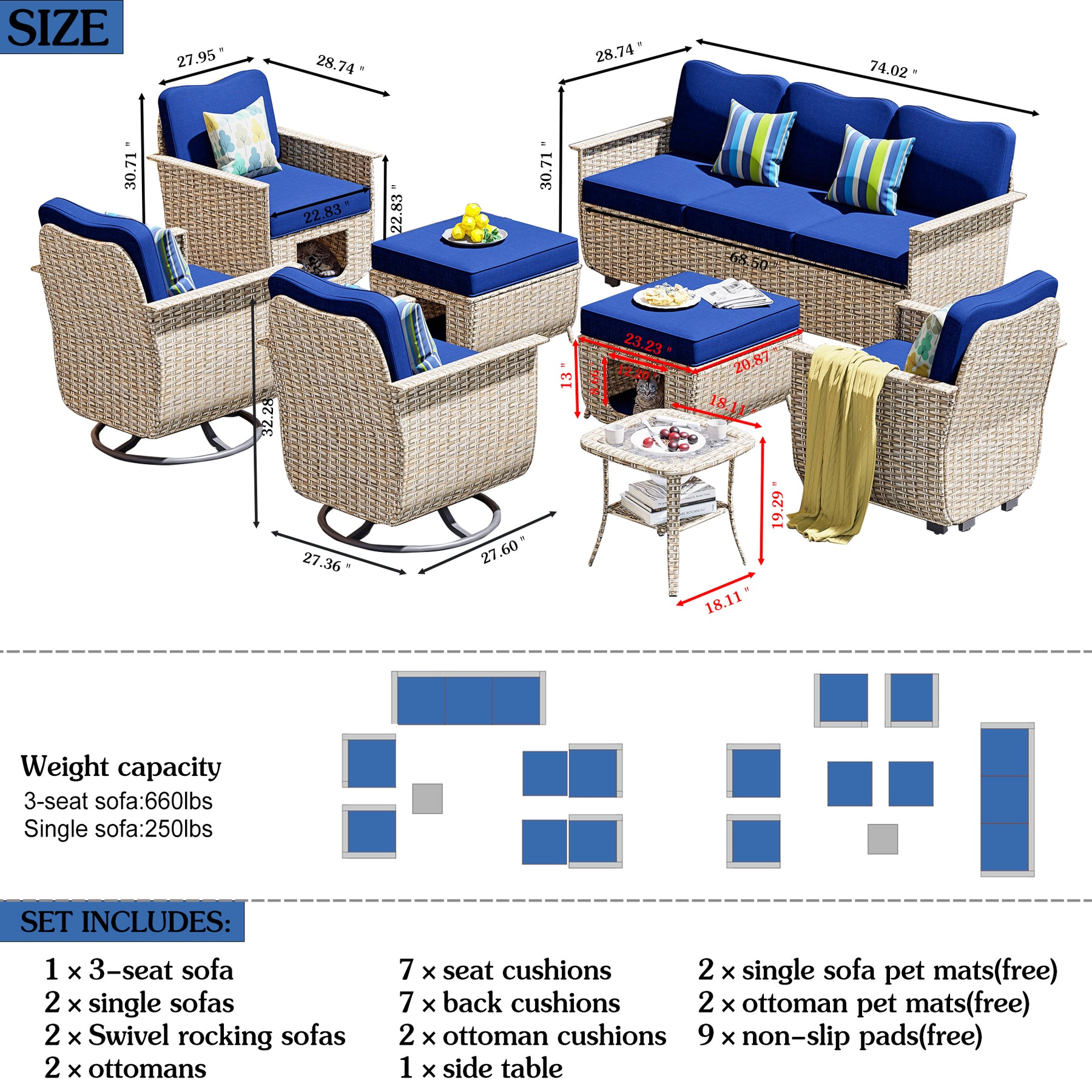 Ovios Outdoor Furniture Beige Wicker Set 8 Pieces with 2 Swivel Chair Side Table and Multifunctional Storage