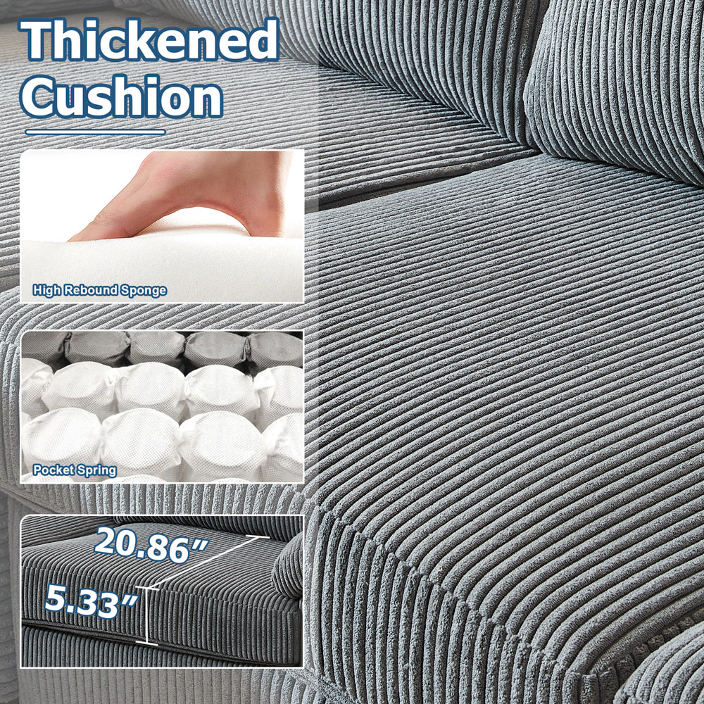 Ovios 100.02" Living Room Sofa Reversible Chaise Corduroy Fabric with Ottoman