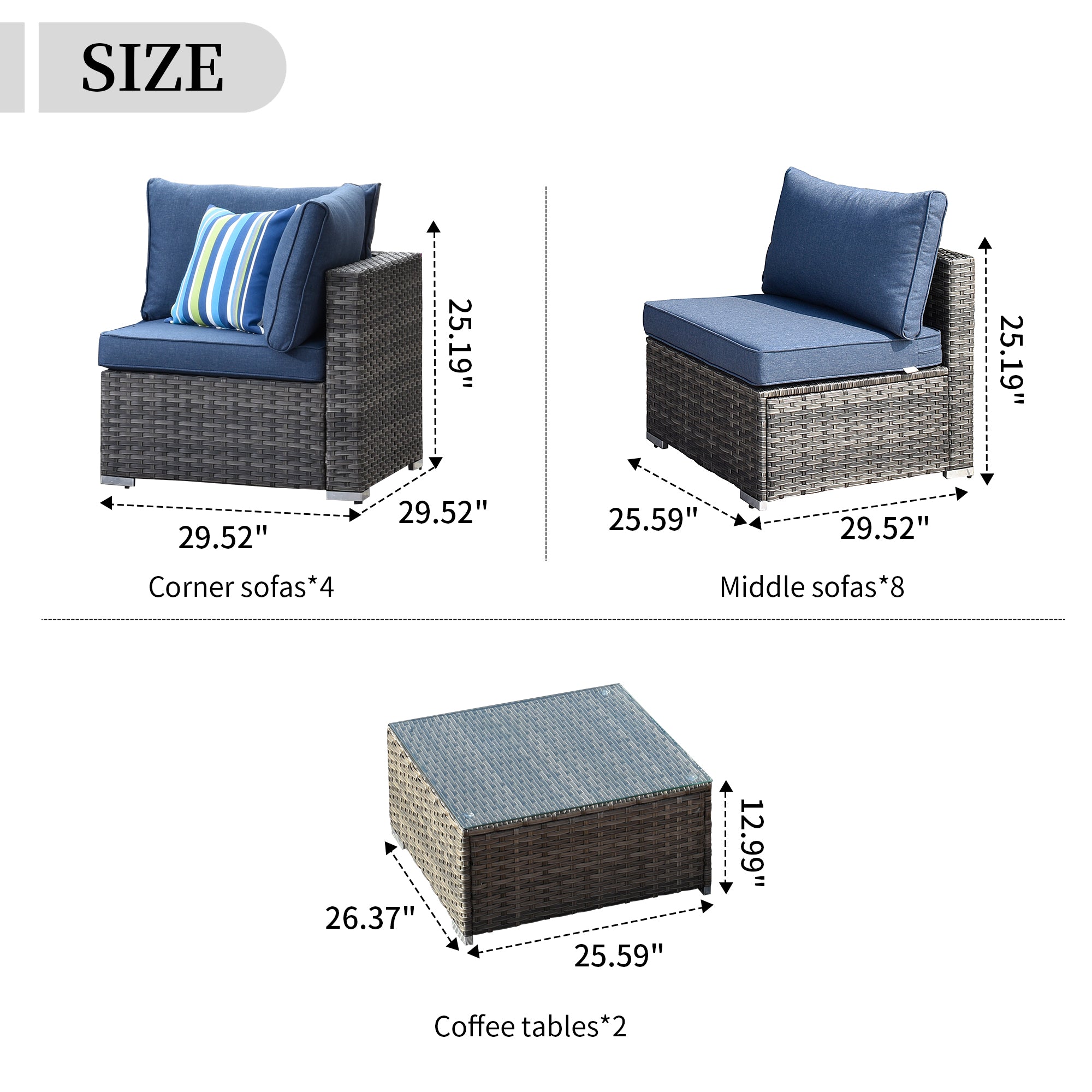 OVIOS Patio Furniture Set 14-Piece with All Weather Rattan Wicker Sofa and Tempered Glass Table