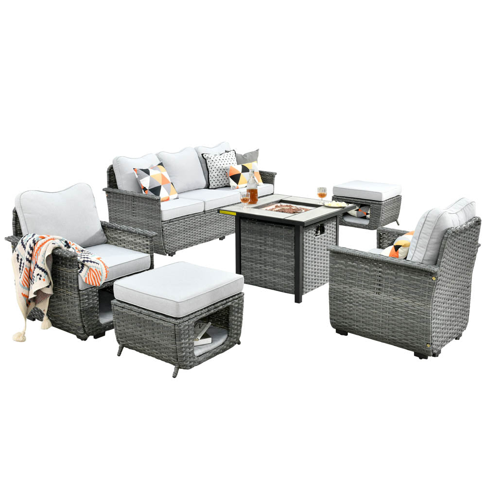 Ovios Patio Conversation Set 6 Pieces Dark Grey Wicker with 30'' Fire Pit and Multifunctional Storage