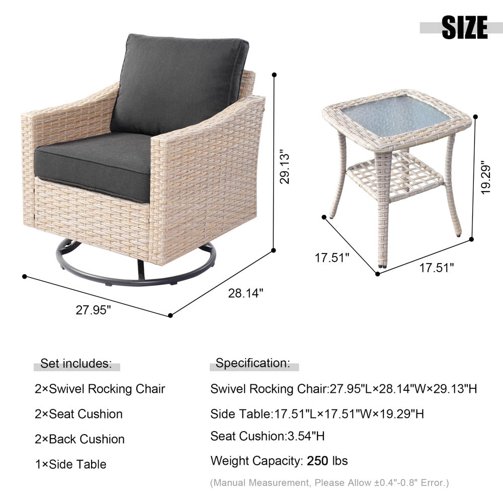 Ovios Athena Series Outdoor Patio Furniture Set 3-Piece, Swivel Chairs and Side Table