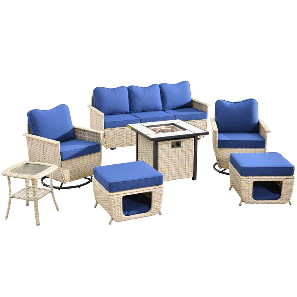 Ovios Patio Pet Conversation Set Beige Wicker 7 Pieces with 30'' Fire Pit and Swivel Rocking Chairs