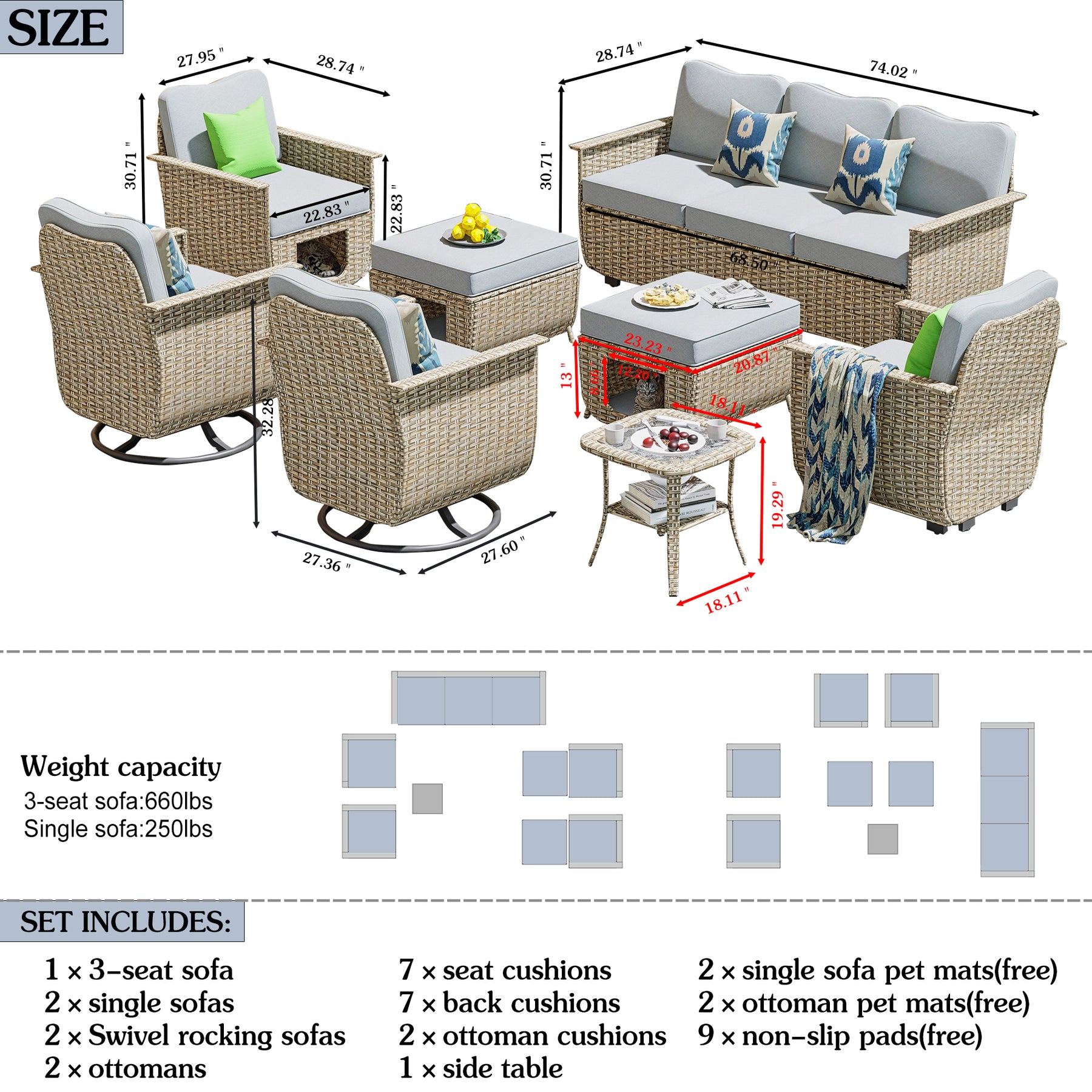 Ovios Outdoor Furniture Beige Wicker Set 8 Pieces with 2 Swivel Chair Side Table and Multifunctional Storage