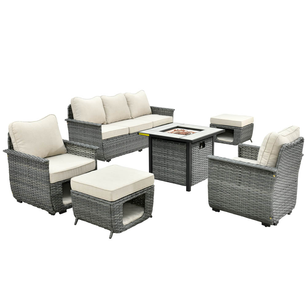 Ovios Patio Conversation Set 6 Pieces Dark Grey Wicker with 30'' Fire Pit and Multifunctional Storage