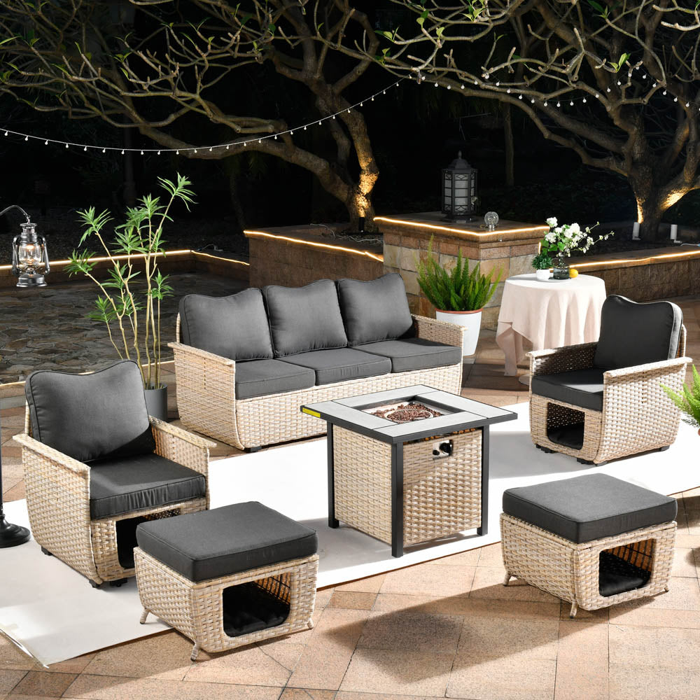 Ovios Patio Conversation Set 6 Pieces Beige Wicker with 30'' Fire Pit and Multifunctional Storage