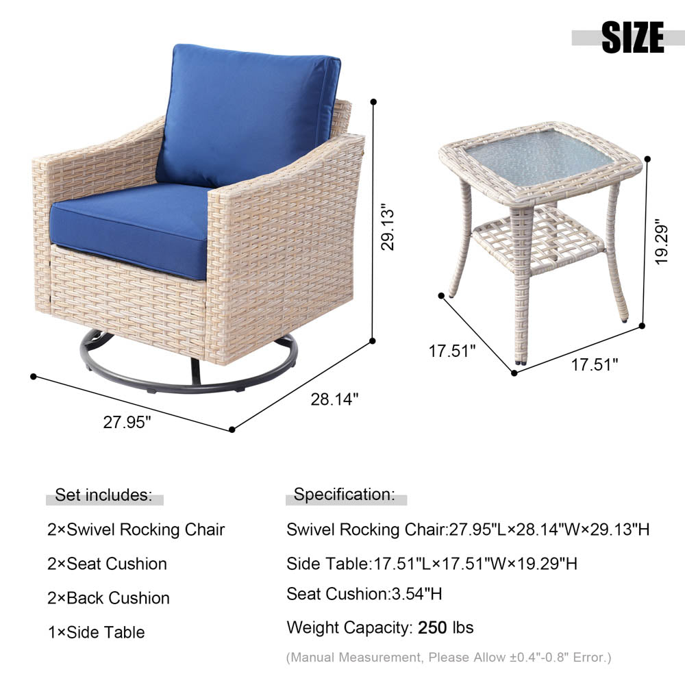 Ovios Athena Series Outdoor Patio Furniture Set 3-Piece, Swivel Chairs and Side Table
