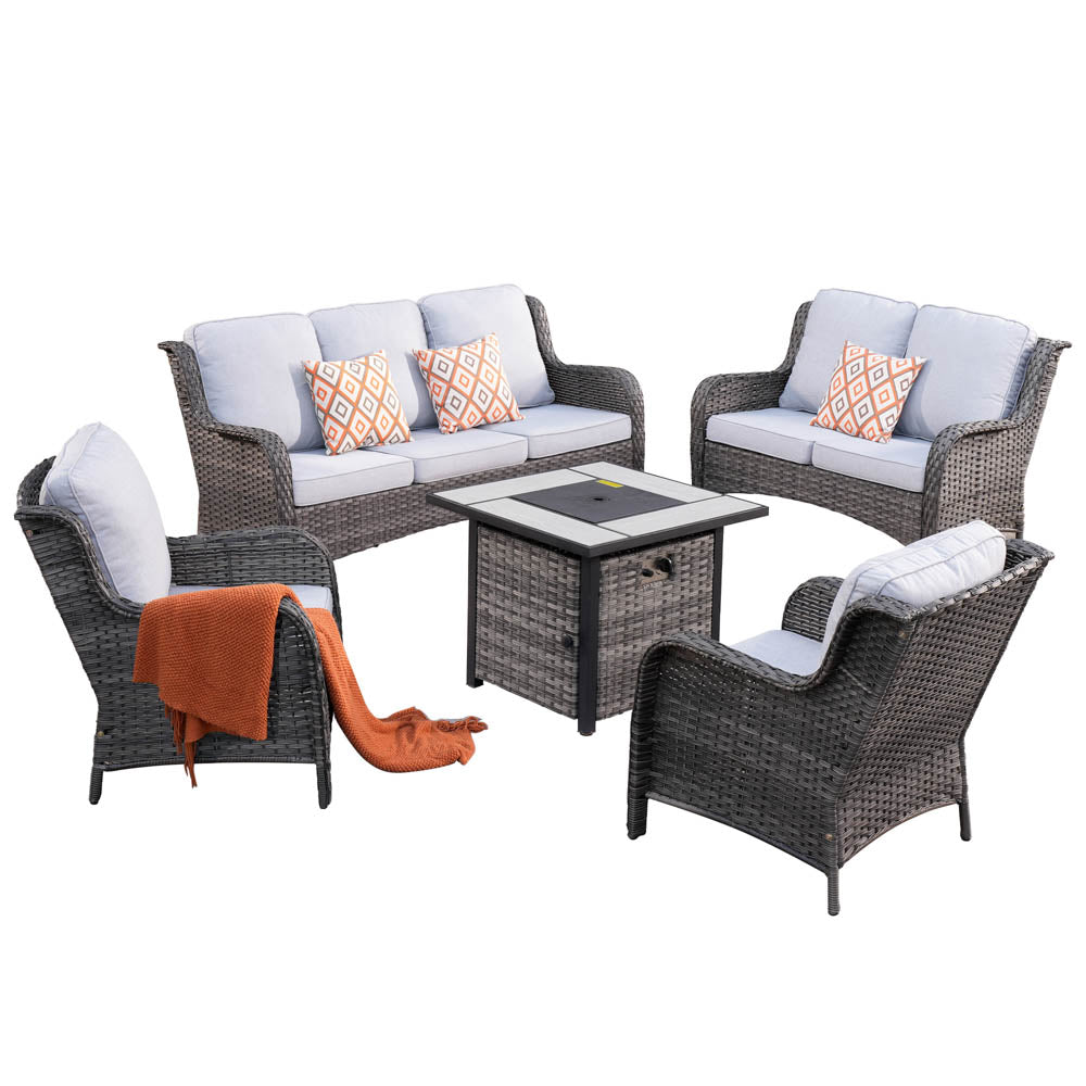Ovios Patio Kenard 5-Piece Conversation Set with 30'' Fire Pit Table and Loveseat