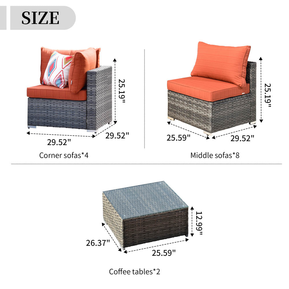 OVIOS Patio Furniture Set 14-Piece with All Weather Rattan Wicker Sofa and Tempered Glass Table