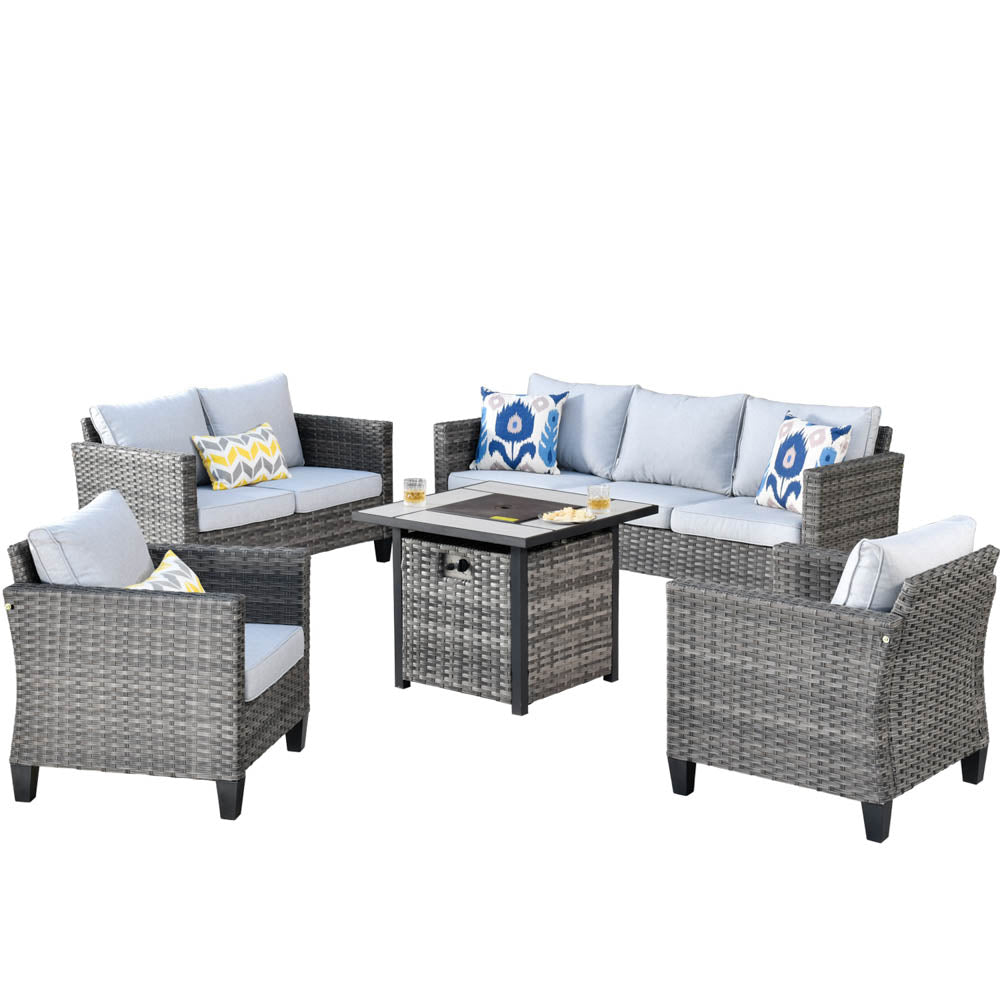 Ovios Patio Vultros Furniture Set 7-Person Seating with 30'' Propane Fire Pit Table