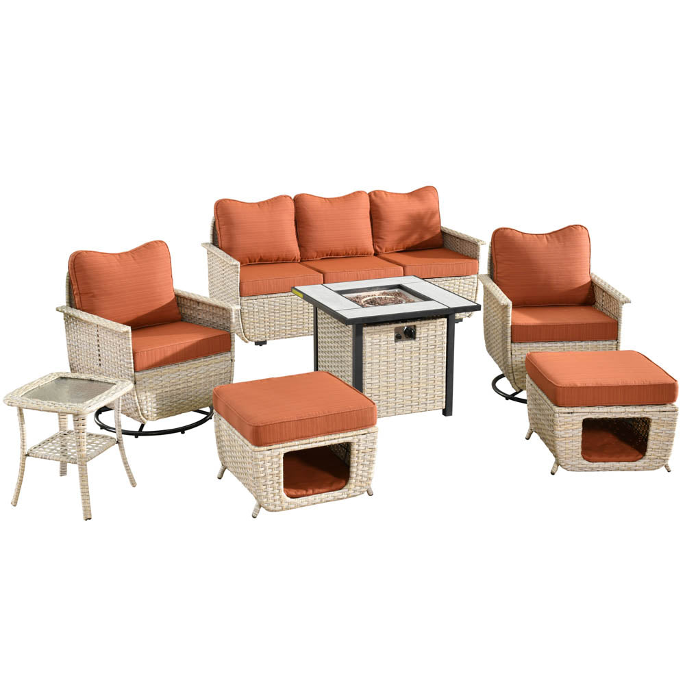 Ovios Patio Pet Conversation Set Beige Wicker 7 Pieces with 30'' Fire Pit and Swivel Rocking Chairs