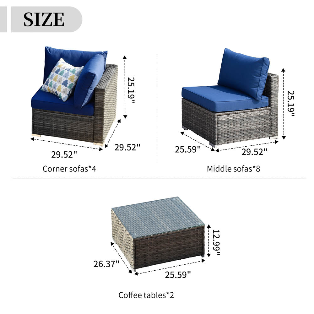 OVIOS Patio Furniture Set 14-Piece with All Weather Rattan Wicker Sofa and Tempered Glass Table