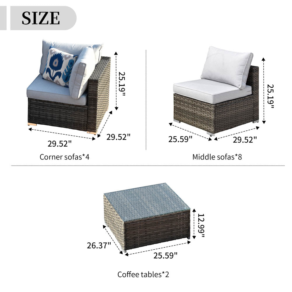 OVIOS Patio Furniture Set 14-Piece with All Weather Rattan Wicker Sofa and Tempered Glass Table