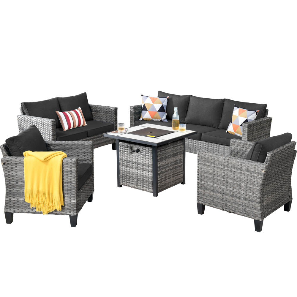 Ovios Patio Vultros Furniture Set 7-Person Seating with 30'' Propane Fire Pit Table