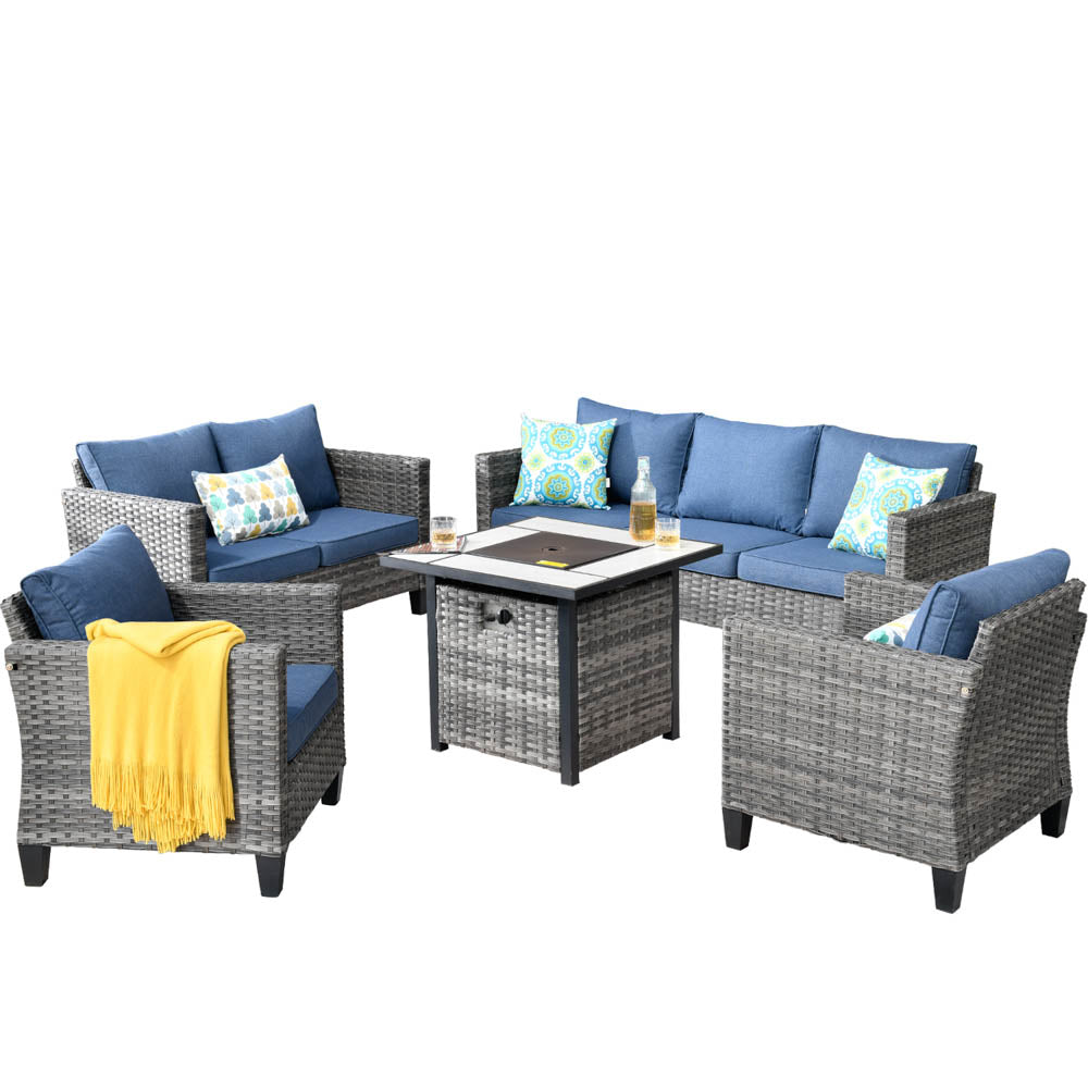 Ovios Patio Vultros Furniture Set 7-Person Seating with 30'' Propane Fire Pit Table