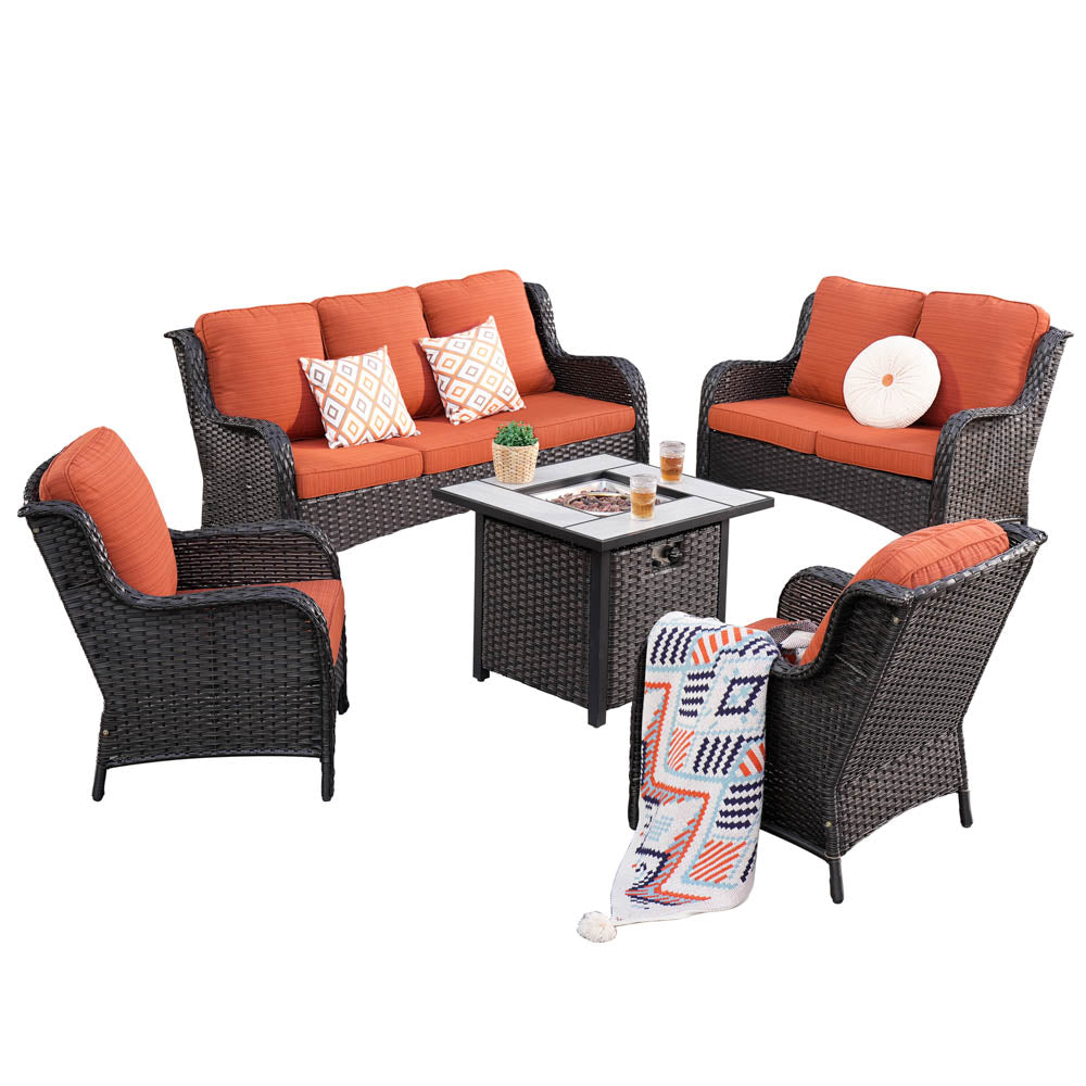 Ovios Patio Kenard 5-Piece Conversation Set with 30'' Fire Pit Table and Loveseat