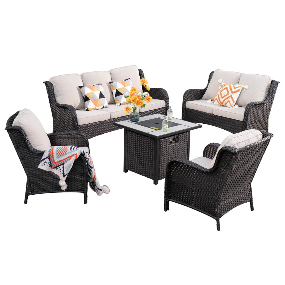 Ovios Patio Kenard 5-Piece Conversation Set with 30'' Fire Pit Table and Loveseat