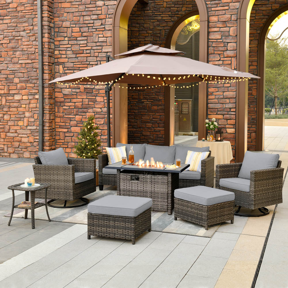 Ovios Patio Vultros 7-Piece Set With Swivel Chair and Rectangle 42'' Propane Fire Pit Table