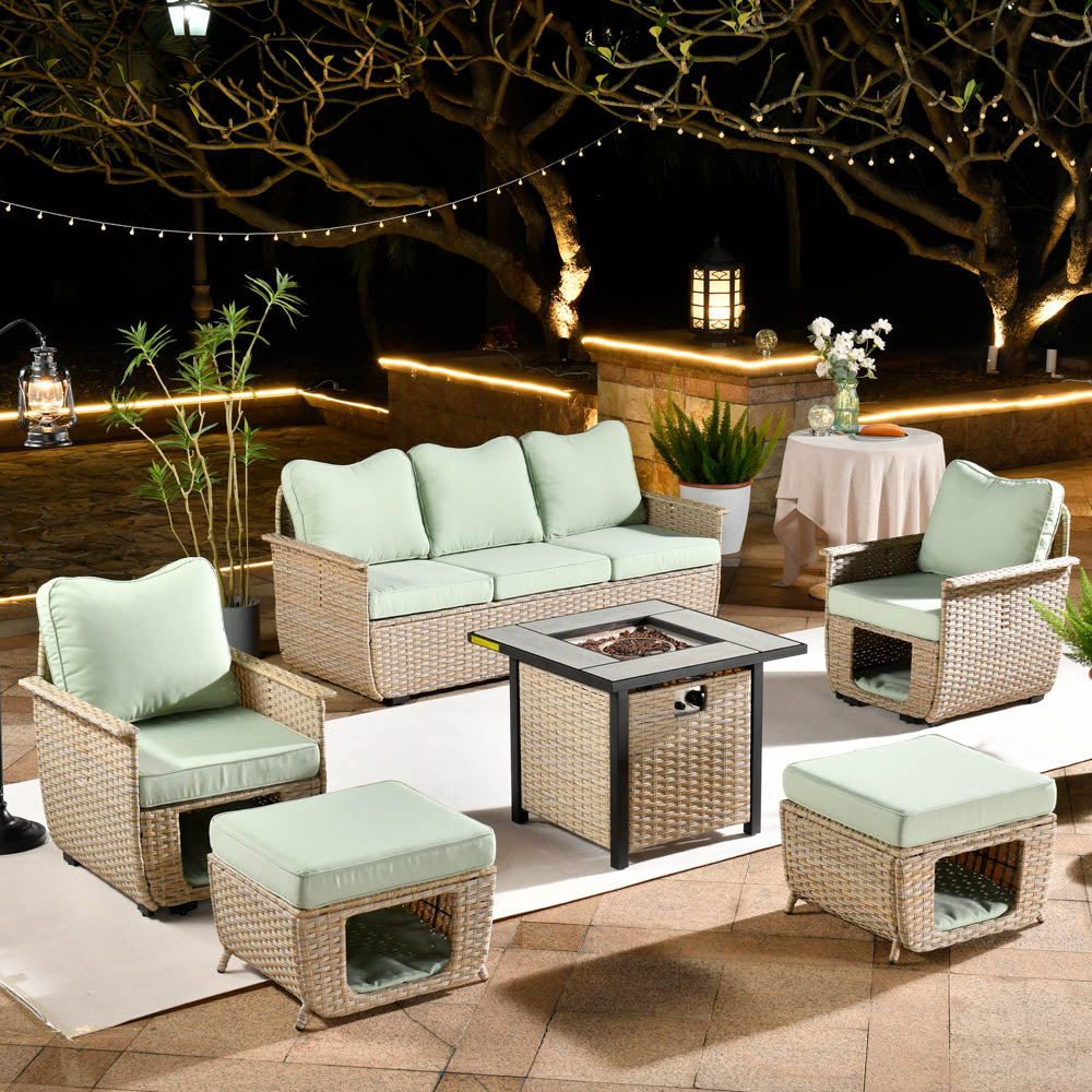 Ovios Patio Conversation Set 6 Pieces Beige Wicker with 30'' Fire Pit and Multifunctional Storage