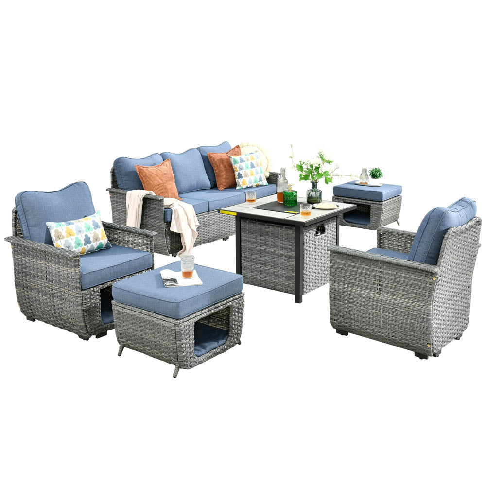 Ovios Patio Conversation Set 6 Pieces Dark Grey Wicker with 30'' Fire Pit and Multifunctional Storage