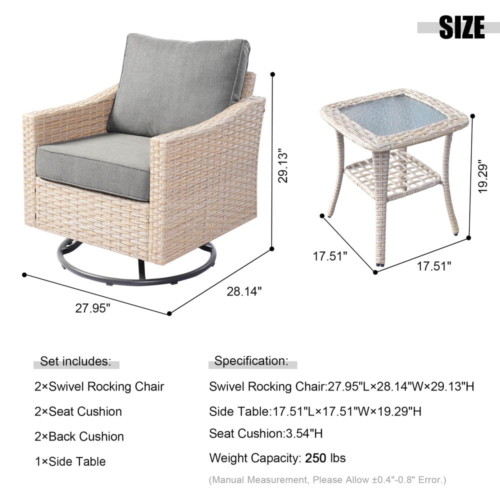Ovios Athena Series Outdoor Patio Furniture Set 3-Piece, Swivel Chairs and Side Table