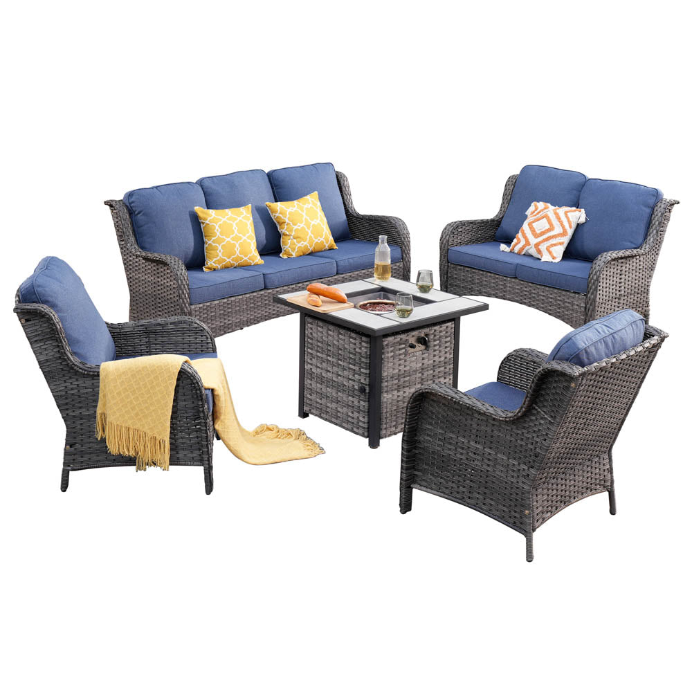 Ovios Patio Kenard 5-Piece Conversation Set with 30'' Fire Pit Table and Loveseat