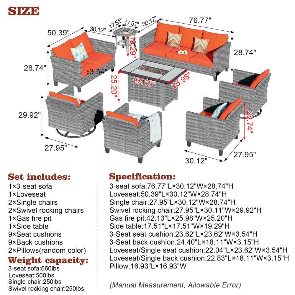 Ovios Patio Vultros 8-Piece Set With Swivel Chair and Rectangle 42'' Propane Fire Pit Table
