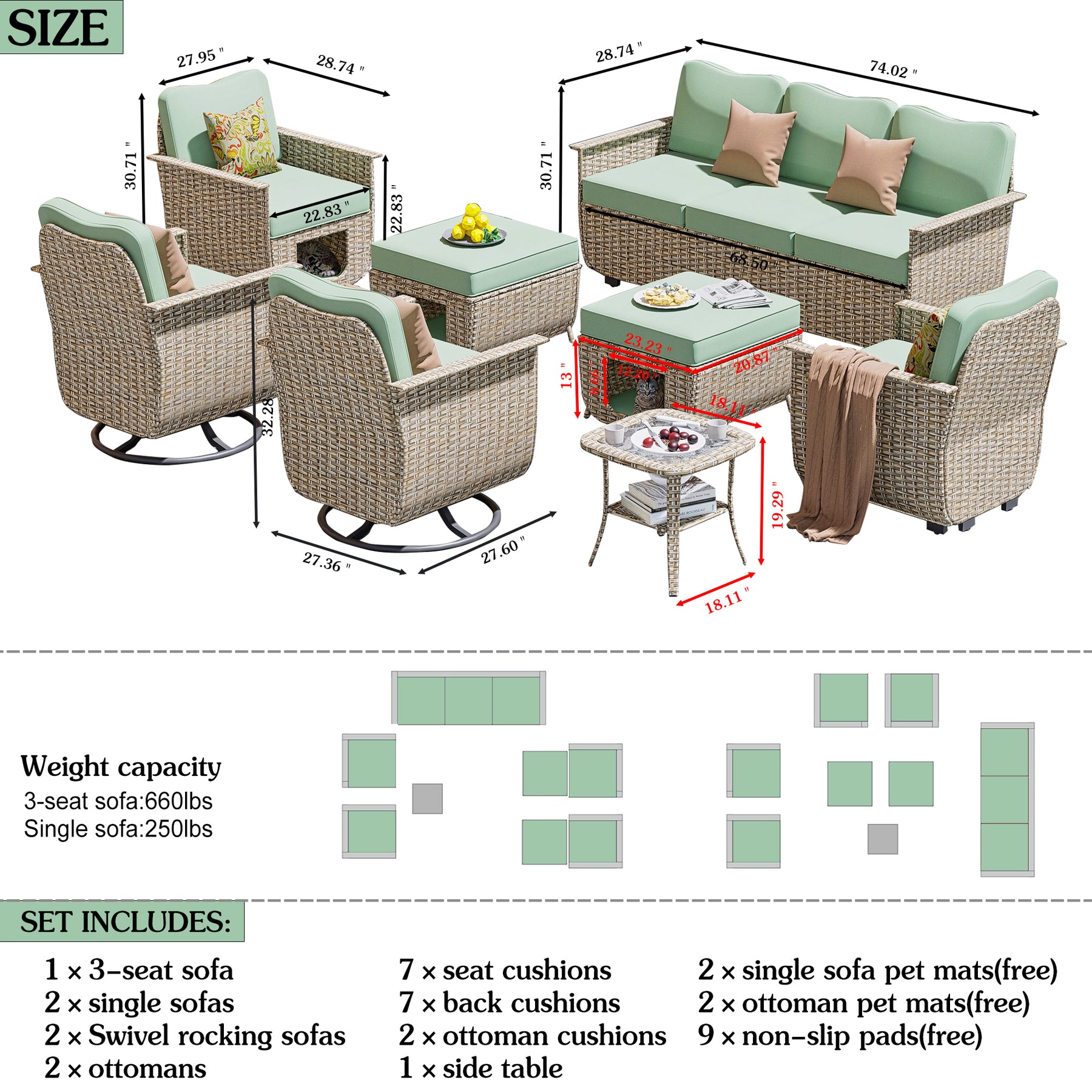 Ovios Outdoor Furniture Beige Wicker Set 8 Pieces with 2 Swivel Chair Side Table and Multifunctional Storage